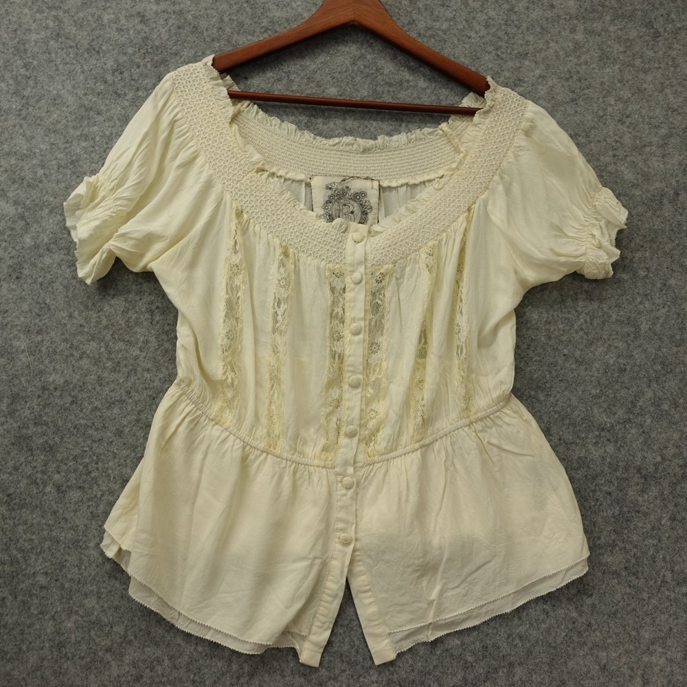 Silk Peasant Blouse Womens MEDIUM Cream White Peplum Lace Trim Boho Cottage BIZZ